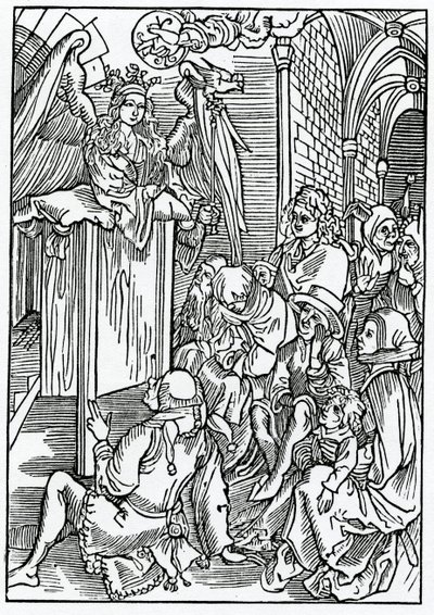 Of the sermon or erudicion of wysdome bothe to wyse men and folys, illustration from Alexander Barclay